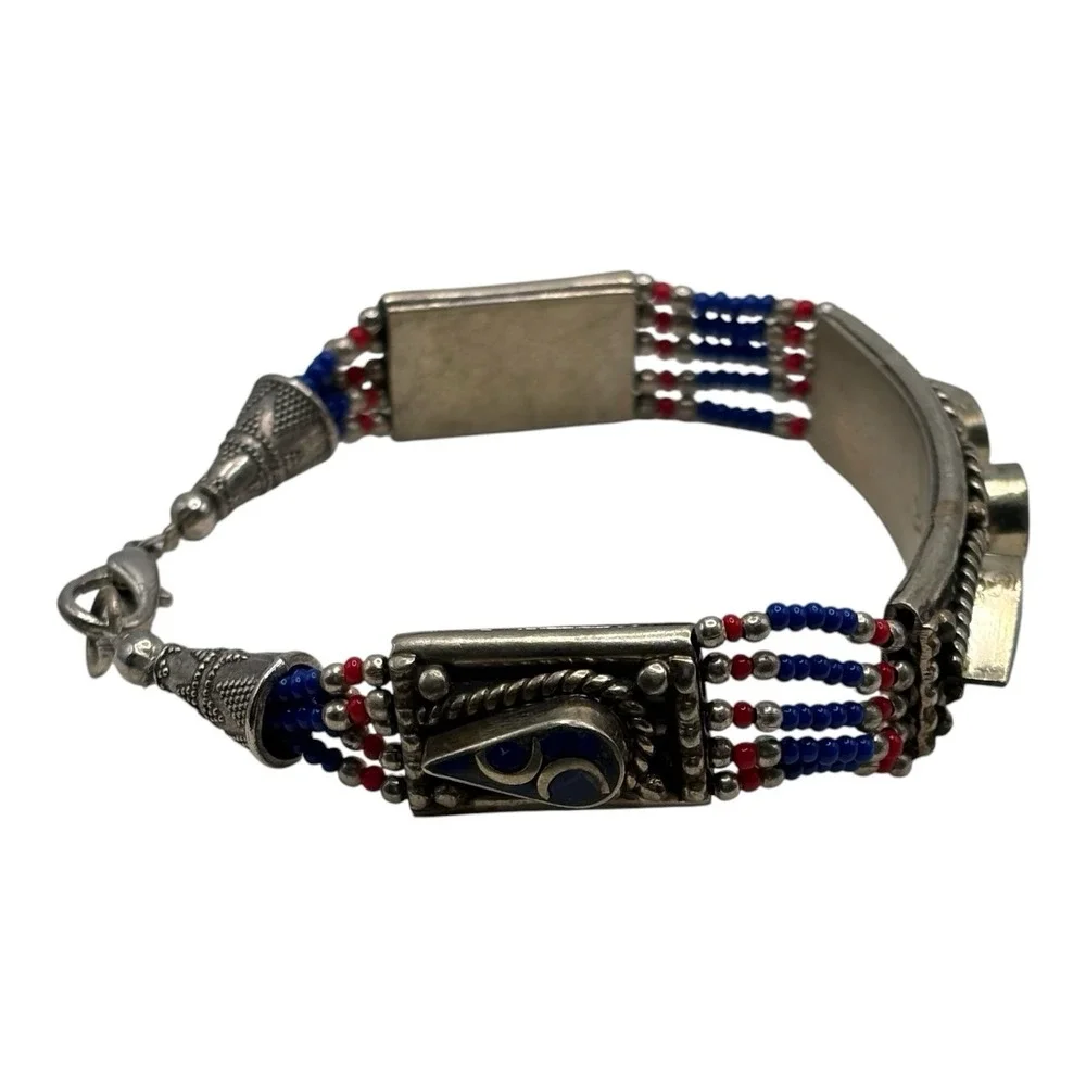 Silver Tone Bracelet Blue Inlay Multi Strand Seed Bead 7